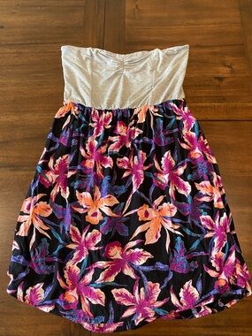 Roxy Strapless Floral Dress in Gray, Black, Pink & Orange